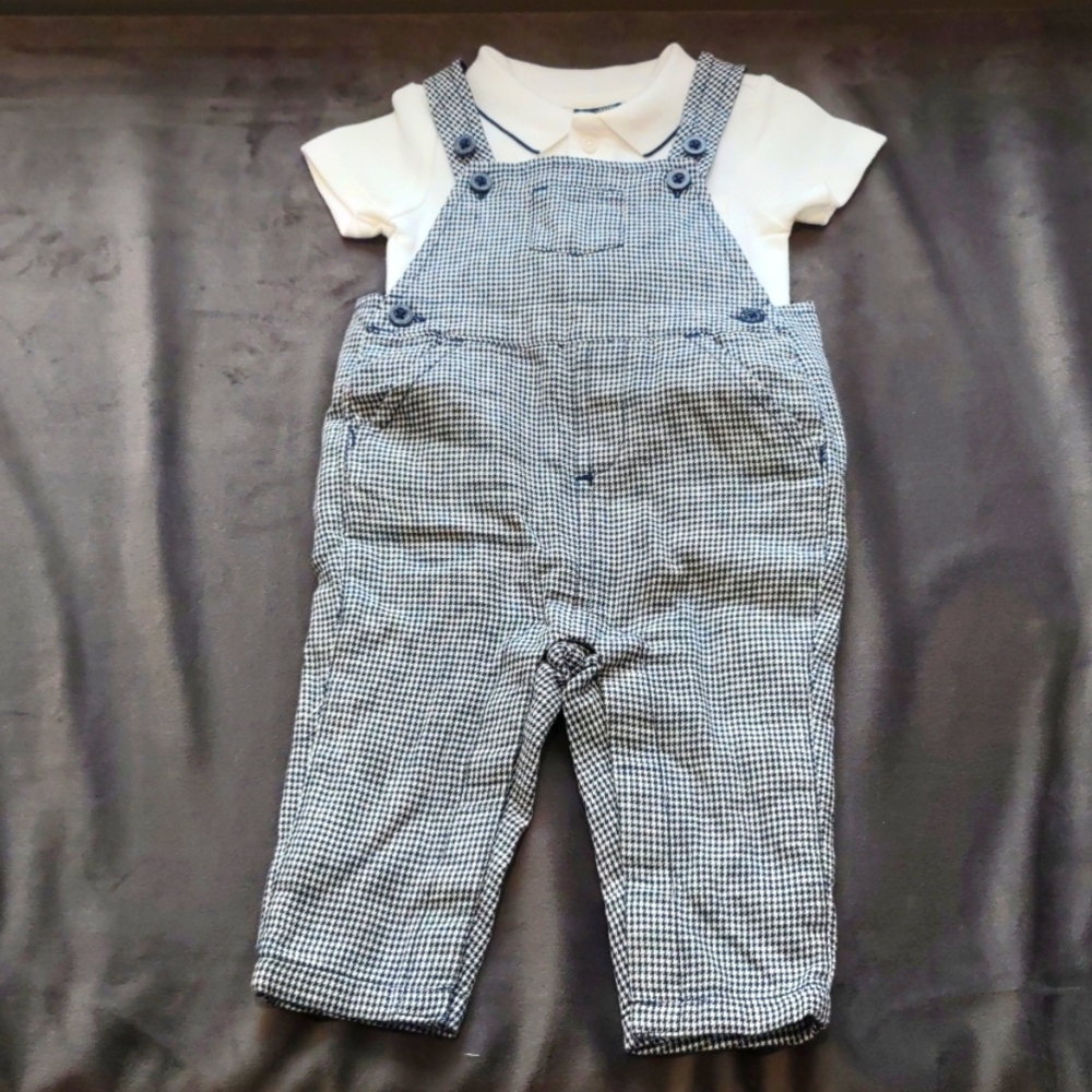 Blue and white checkered overalls with coordinating white polo onesie